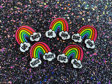 Load image into Gallery viewer, Rainbow &amp; Clouds Enamel Pronoun Pin